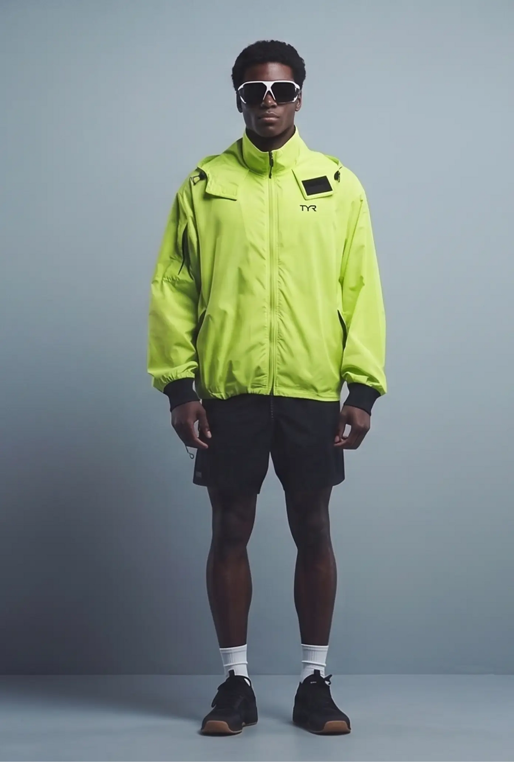Model wearing neon green windbreaker, sunglasses, and black shorts