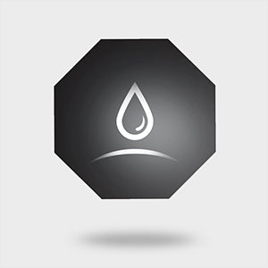 Black octagonal icon with a white droplet symbol on a gray background